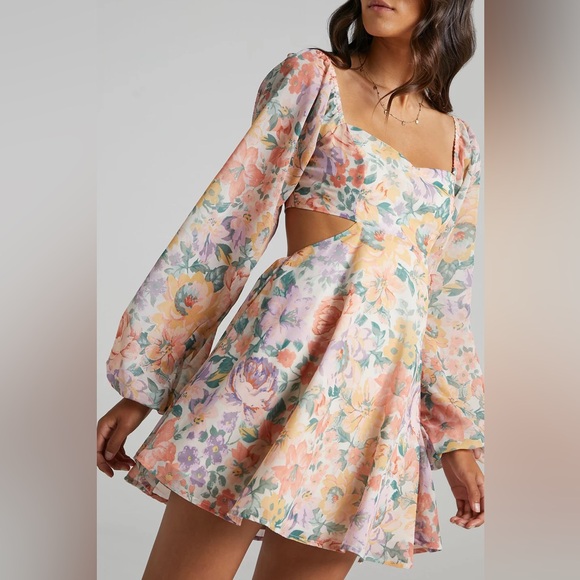 Princess Polly Dresses & Skirts - NWT Showpo Ebonee Sz 6 cut out Pastel Floral Mini Dress peach purple
